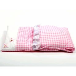 Houten Poppenwagen De Luxe Pink Incl. Dekbed / Slaapzak -Kinderwereld Verkoop dekje roze geruit met 2 bloempjes